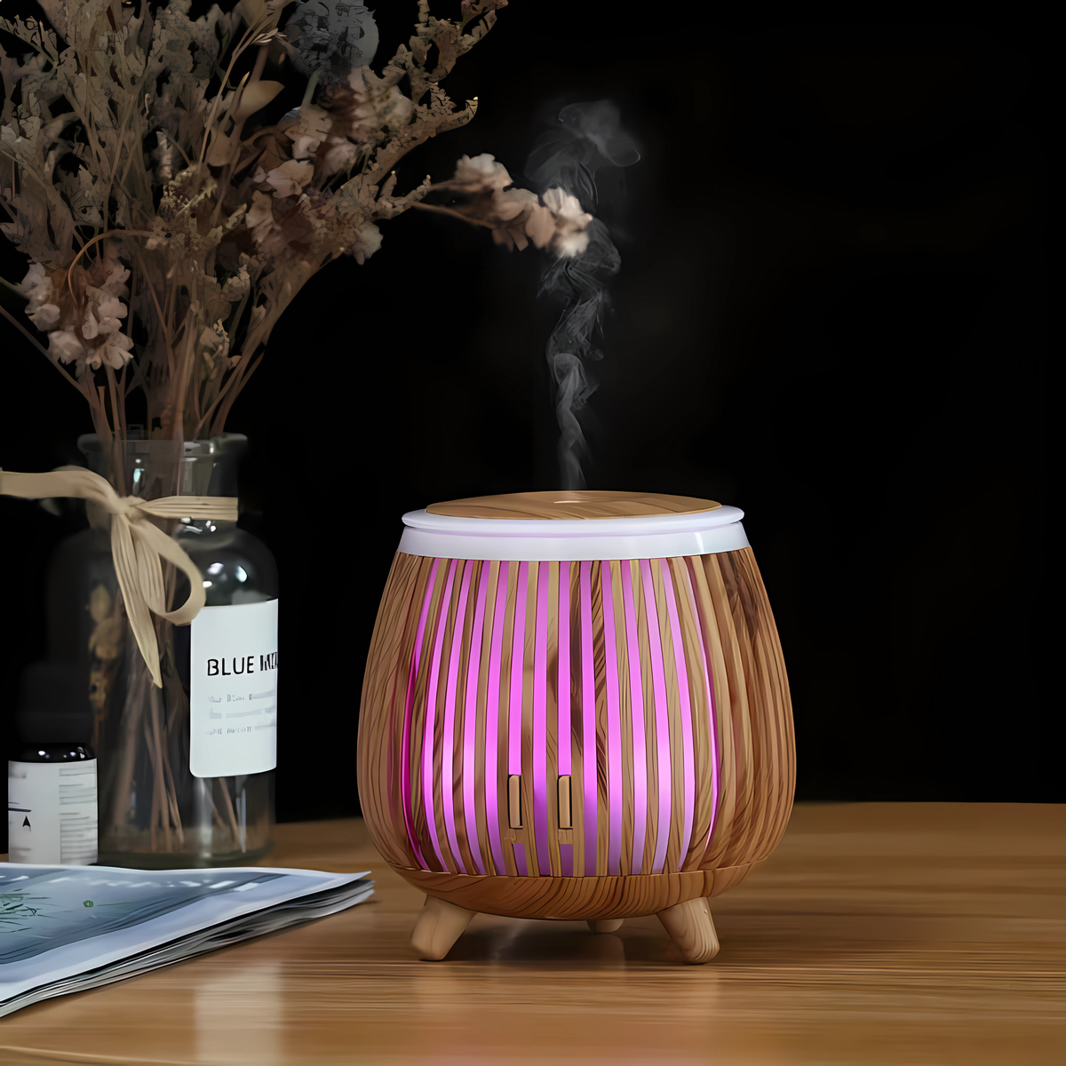 Nordic Wood Grain Aroma Diffuser & Humidifier with 7-Color LED Light – Bird Cage Style Essential Oil Diffuser