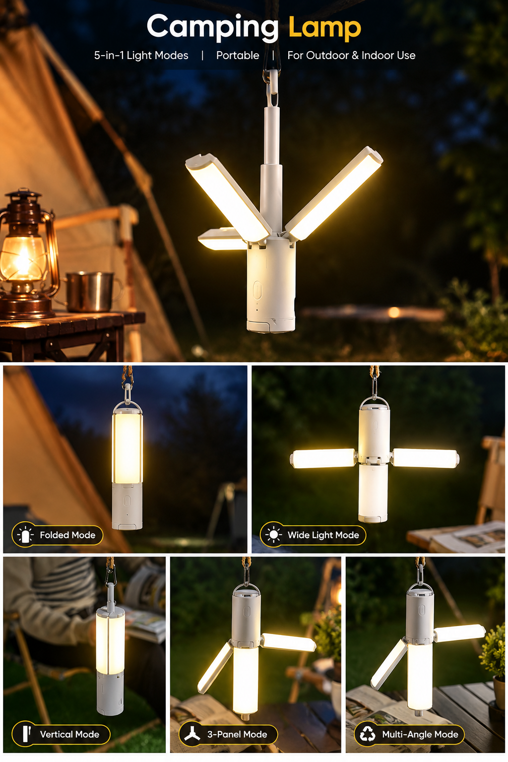 Foldable 4-Panel LED Camping Light & Desk Lamp – 2400mAh Rechargeable Hanging Tent Lantern with Hook