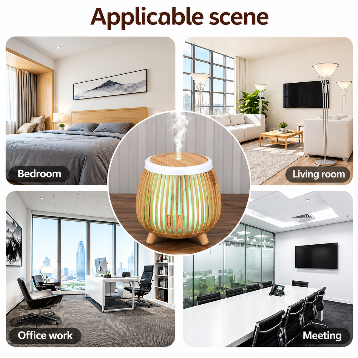 Nordic Wood Grain Aroma Diffuser & Humidifier with 7-Color LED Light – Bird Cage Style Essential Oil Diffuser