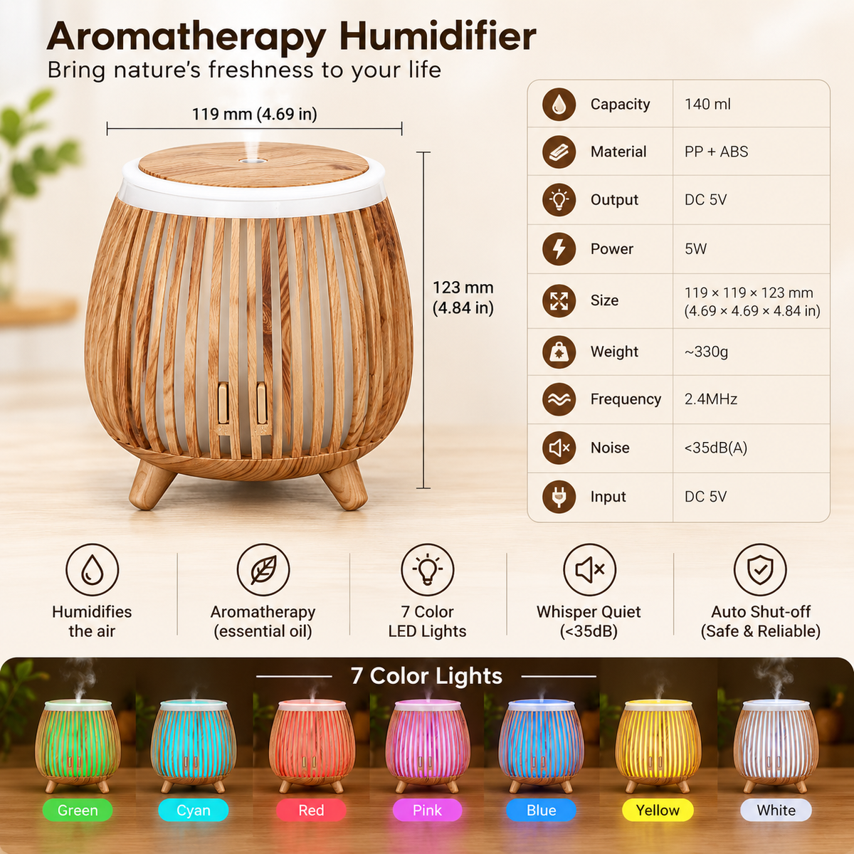 Nordic Wood Grain Aroma Diffuser & Humidifier with 7-Color LED Light – Bird Cage Style Essential Oil Diffuser