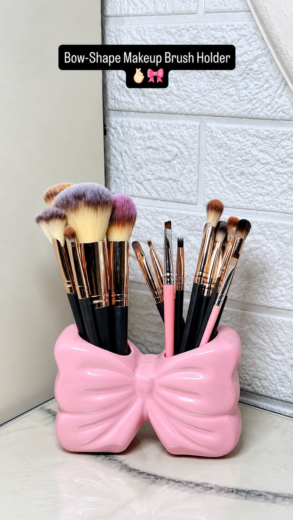 Decorative Bow Multi-Purpose Ceramic Organizer – Dual Slot Toothbrush & Makeup Brush Holder