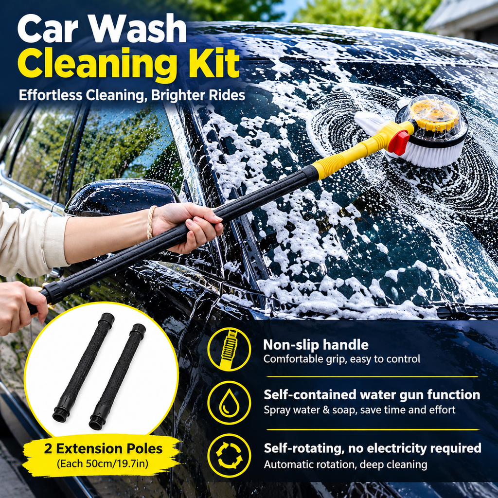 Turbo Shine 360° Water Powered Rotating Car Wash Brush Kit – Automatic Foaming Scratch-Free Cleaner with Soap Dispenser
