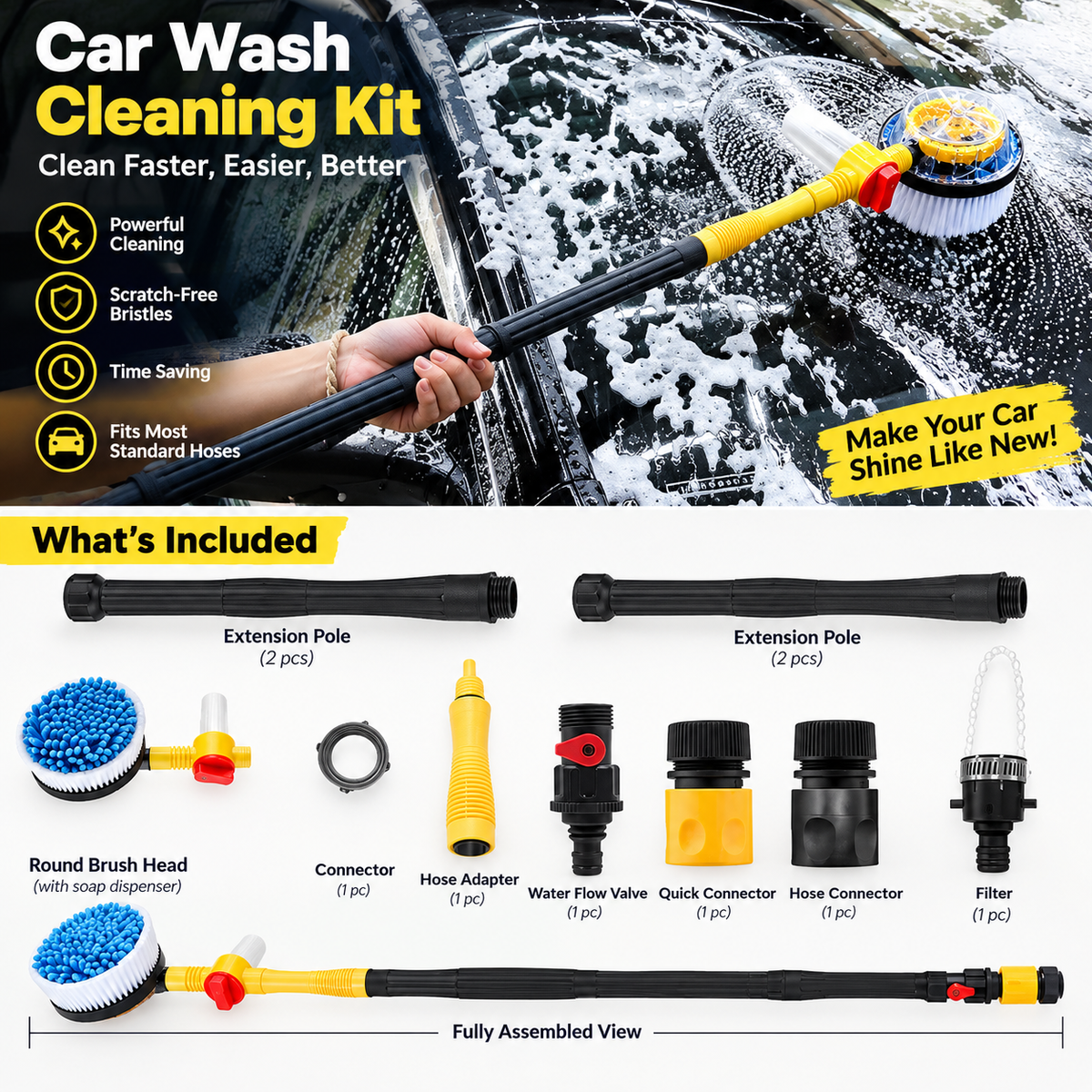 Turbo Shine 360° Water Powered Rotating Car Wash Brush Kit – Automatic Foaming Scratch-Free Cleaner with Soap Dispenser