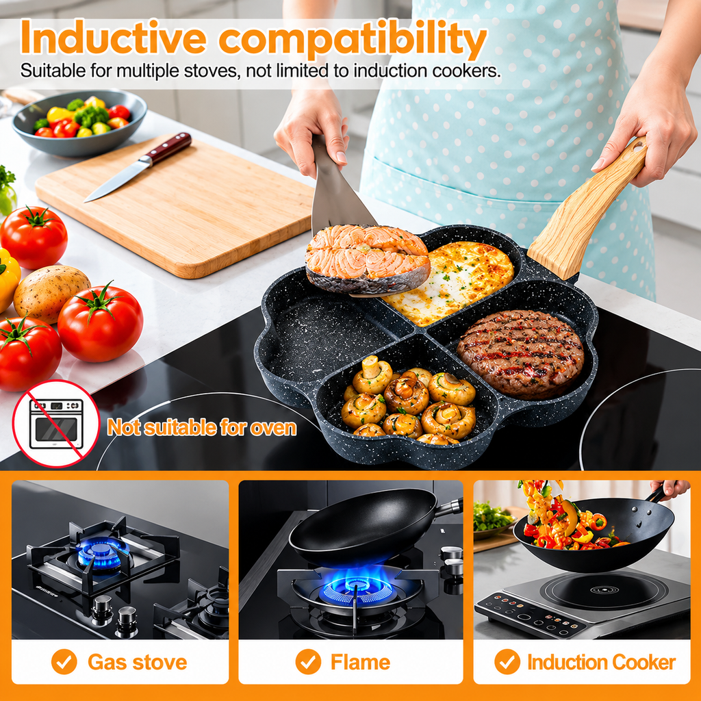 4-Cavity Heart Shape Non-Stick Frying Pan – Multi-Section Egg, Pancake & Breakfast Maker