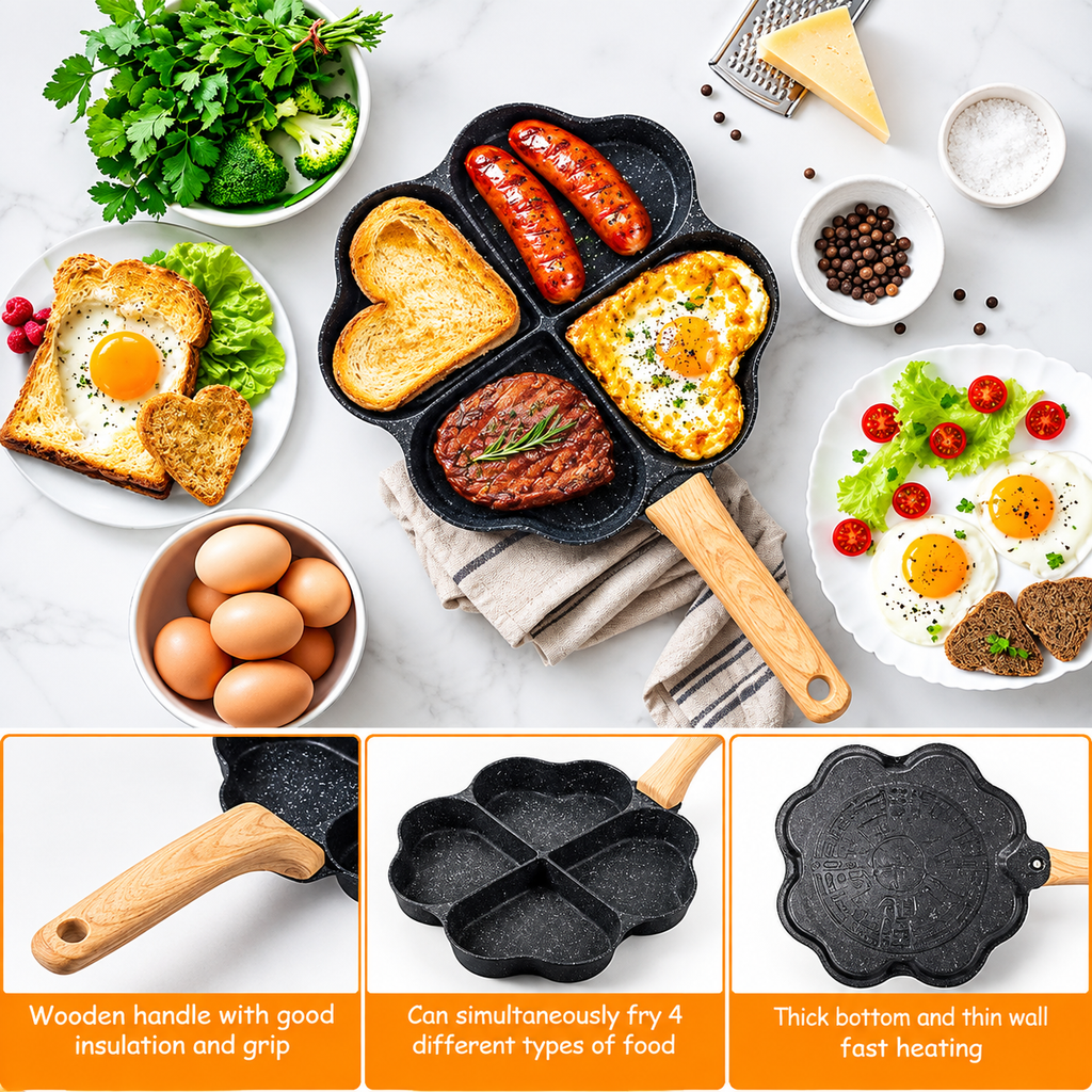 4-Cavity Heart Shape Non-Stick Frying Pan – Multi-Section Egg, Pancake & Breakfast Maker