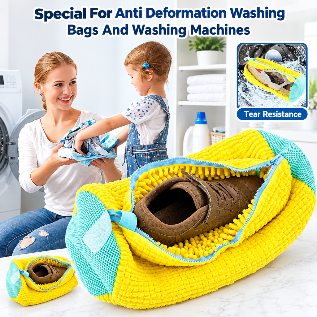 Microfiber Shoe Wash Bag for Washing Machine – Protective Chenille Sneaker Laundry Bag with Zipper & Cushion Padding (Pair)