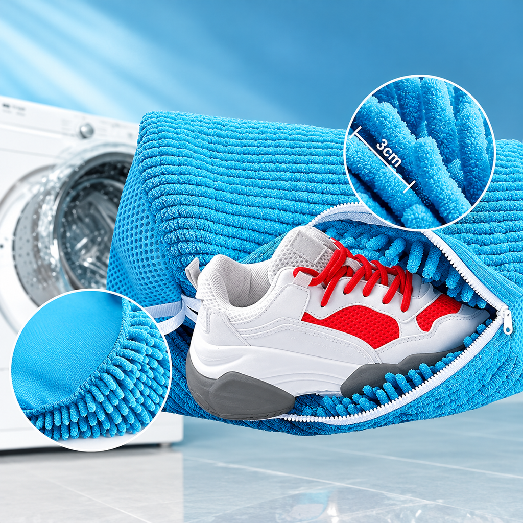 Microfiber Shoe Wash Bag for Washing Machine – Protective Chenille Sneaker Laundry Bag with Zipper & Cushion Padding (Pair)