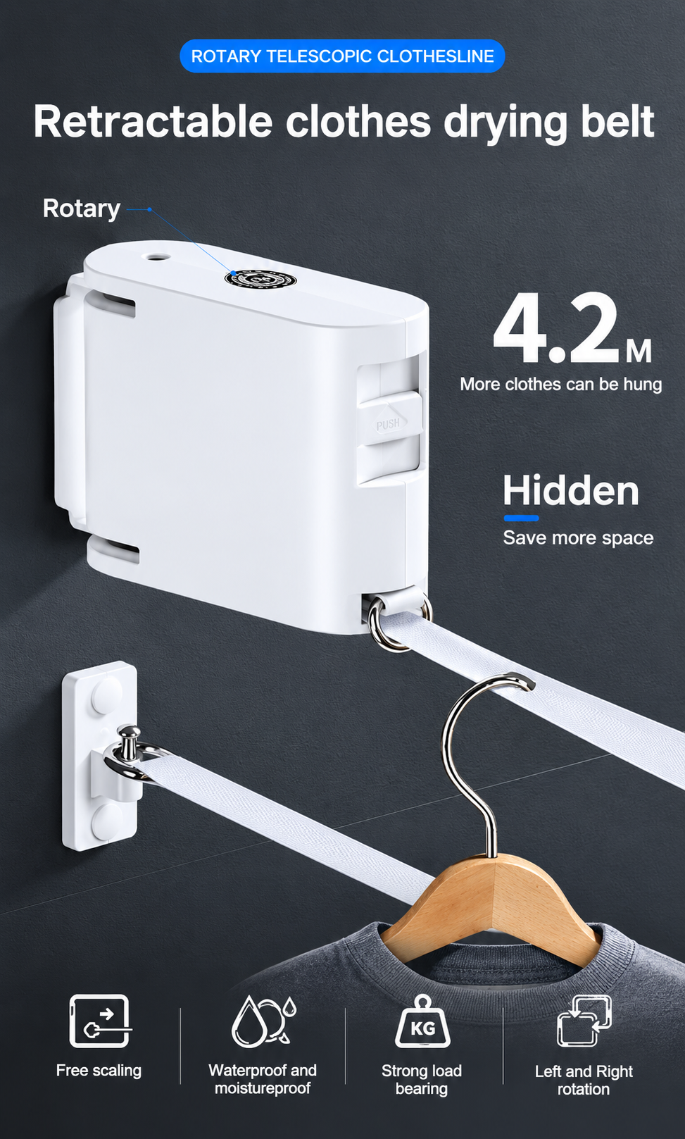 Wall-Mounted Retractable Clothesline – 4M Stainless Steel Heavy Duty Invisible Laundry Drying Rope (15kg Load)