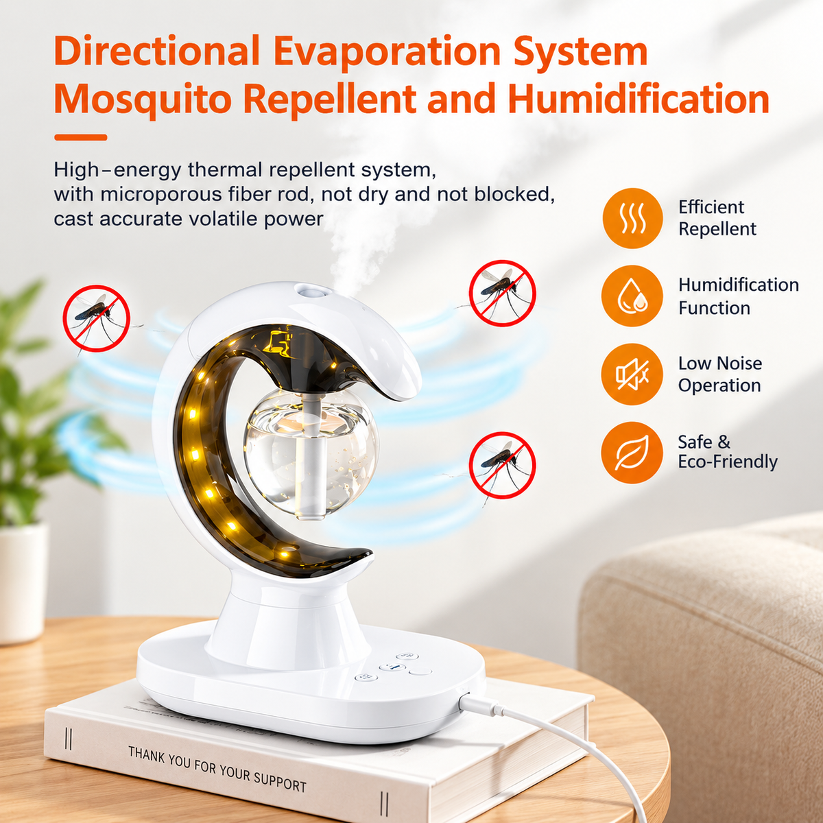 3-in-1 Crescent Moon Air Humidifier Night Lamp with Electric Mosquito Repellent & UV Light