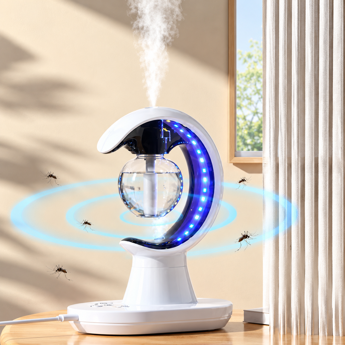 3-in-1 Crescent Moon Air Humidifier Night Lamp with Electric Mosquito Repellent & UV Light