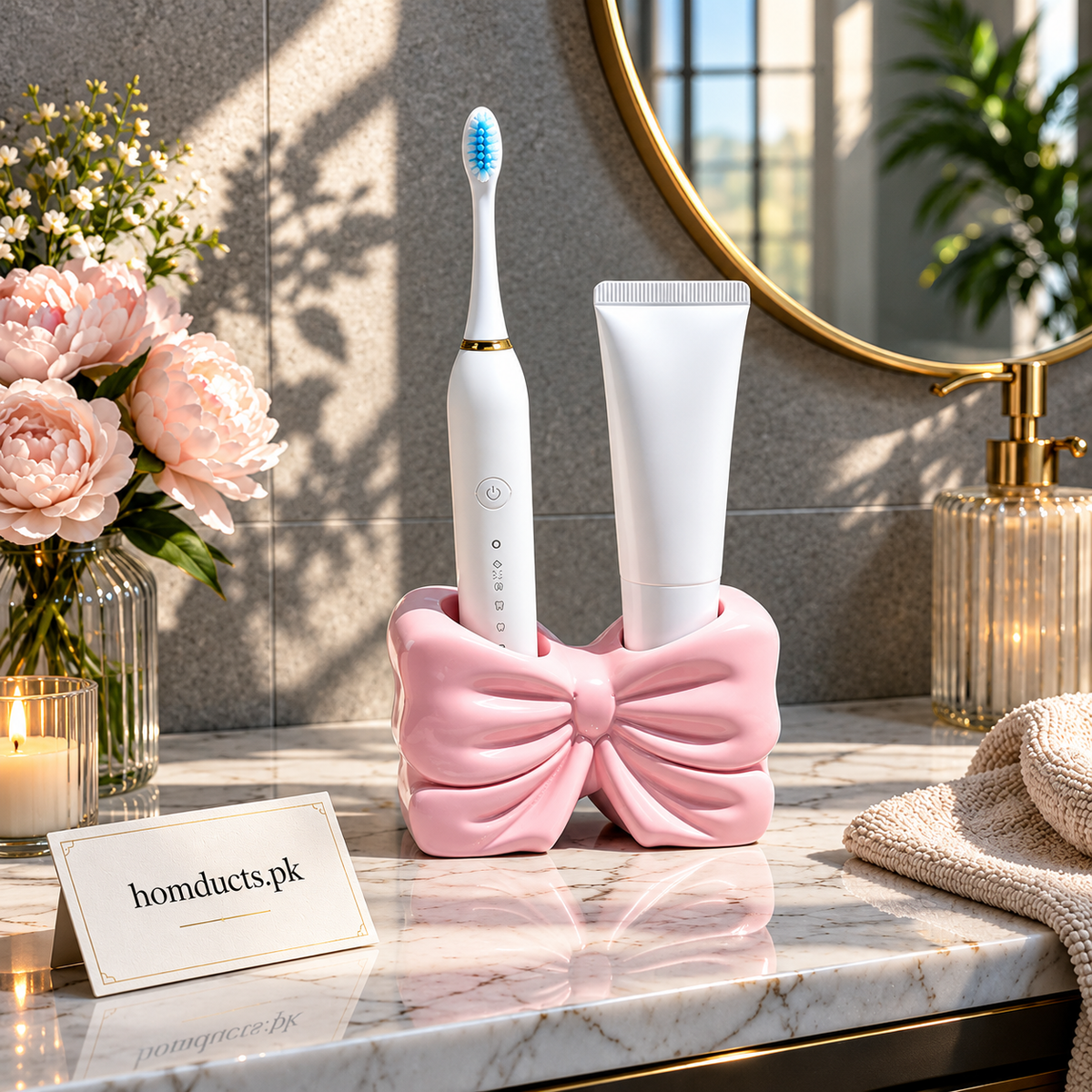 Decorative Bow Multi-Purpose Ceramic Organizer – Dual Slot Toothbrush & Makeup Brush Holder