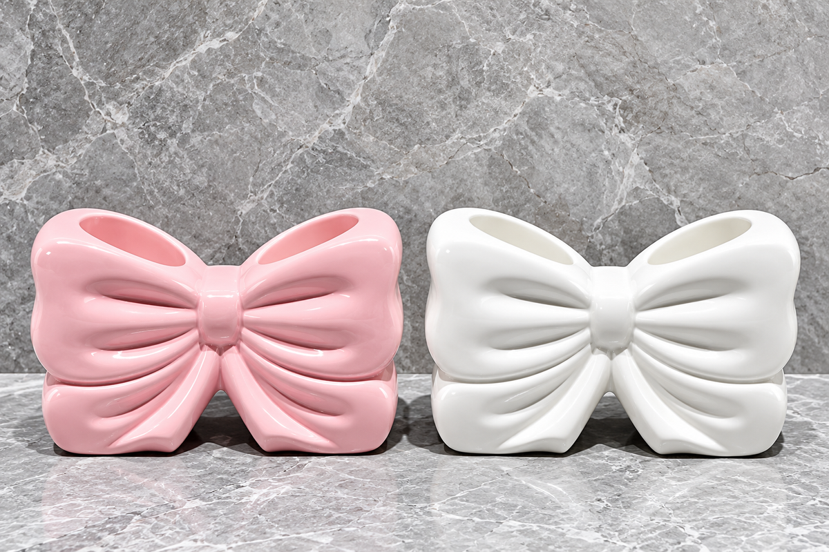 Decorative Bow Multi-Purpose Ceramic Organizer – Dual Slot Toothbrush & Makeup Brush Holder