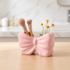 Decorative Bow Multi-Purpose Ceramic Organizer – Dual Slot Toothbrush & Makeup Brush Holder