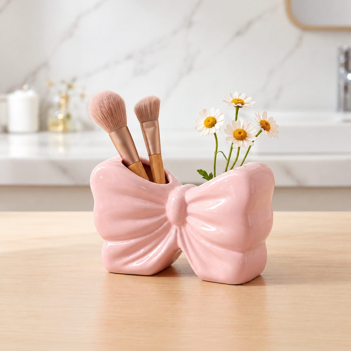 Decorative Bow Multi-Purpose Ceramic Organizer – Dual Slot Toothbrush & Makeup Brush Holder