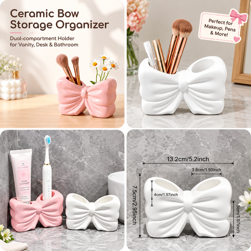 Decorative Bow Multi-Purpose Ceramic Organizer – Dual Slot Toothbrush & Makeup Brush Holder