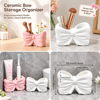 Decorative Bow Multi-Purpose Ceramic Organizer – Dual Slot Toothbrush & Makeup Brush Holder