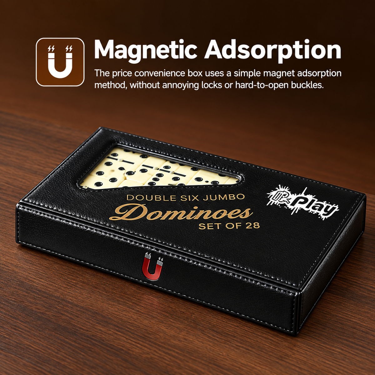 PUREPLAY Jumbo Classic Dominoes Double 6 Game Set – 28 Ivory Tiles with Brass Spinner in Portable Case