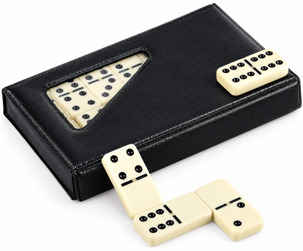 PUREPLAY Jumbo Classic Dominoes Double 6 Game Set – 28 Ivory Tiles with Brass Spinner in Portable Case