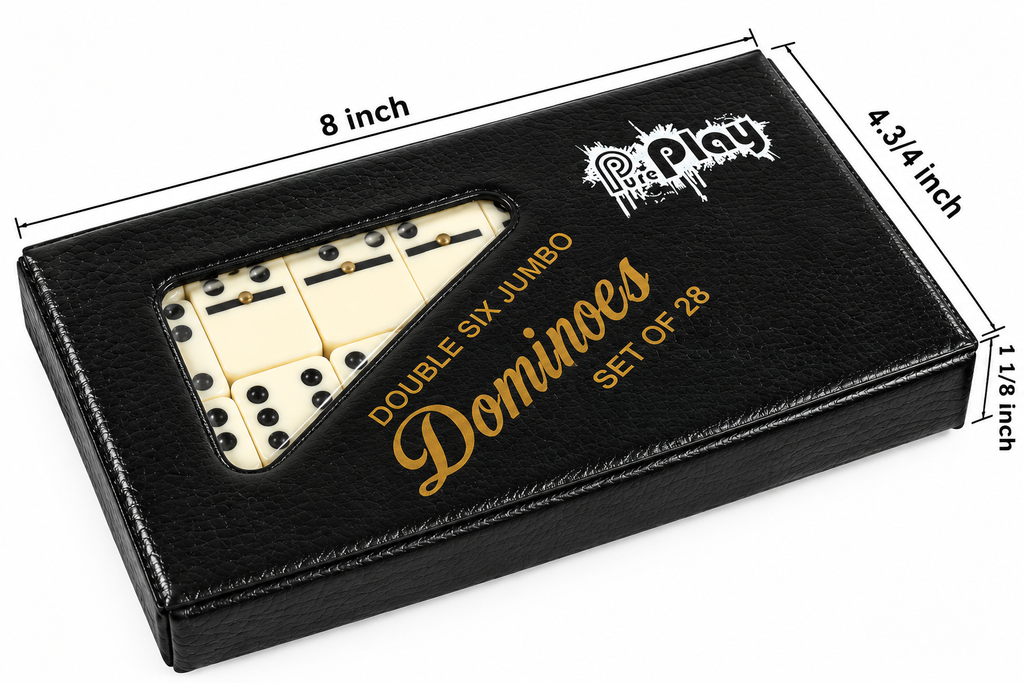 PUREPLAY Jumbo Classic Dominoes Double 6 Game Set – 28 Ivory Tiles with Brass Spinner in Portable Case