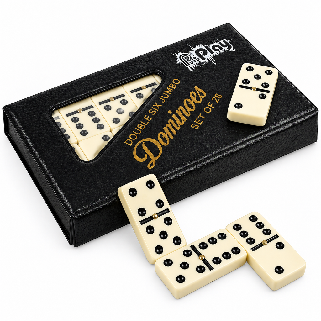 PUREPLAY Jumbo Classic Dominoes Double 6 Game Set – 28 Ivory Tiles with Brass Spinner in Portable Case