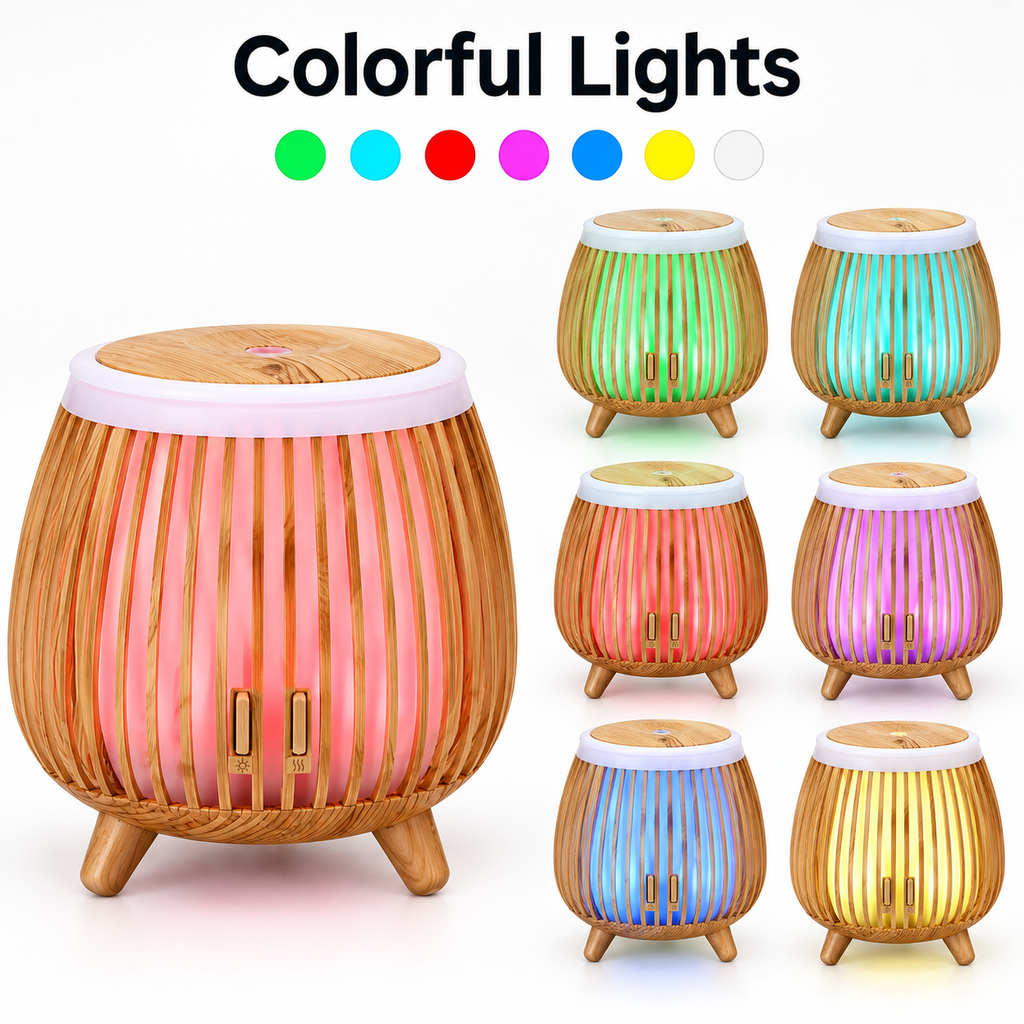 Nordic Wood Grain Aroma Diffuser & Humidifier with 7-Color LED Light – Bird Cage Style Essential Oil Diffuser
