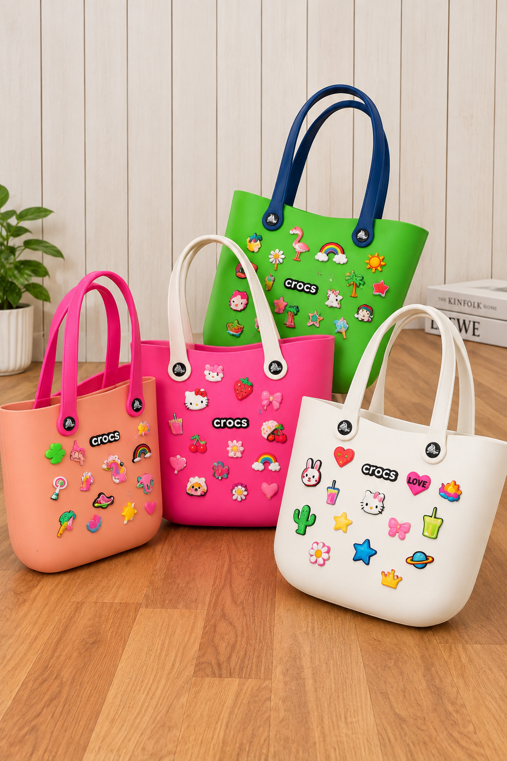 Crocs Style Waterproof EVA Beach Tote Bag with Cute Jibbitz Charms – Lightweight Travel & Vacation Handbag