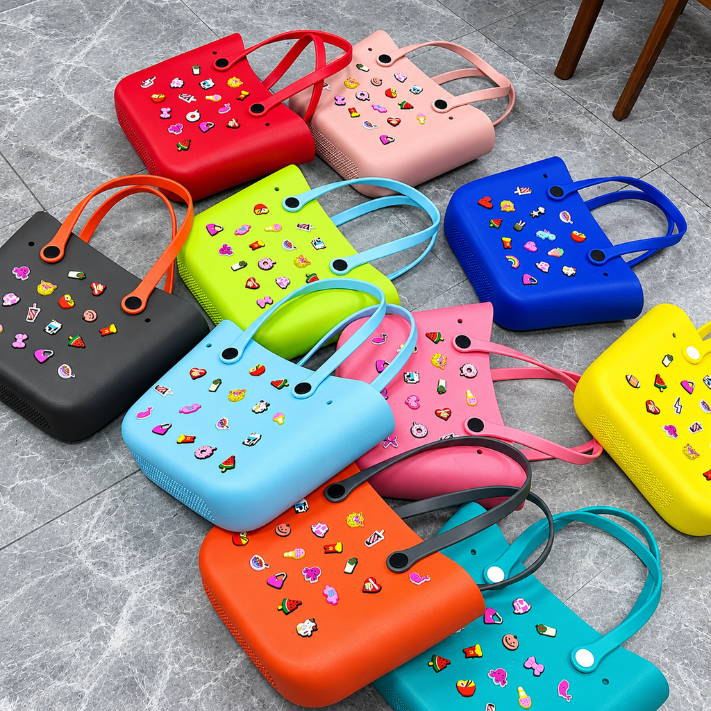 Crocs Style Waterproof EVA Beach Tote Bag with Cute Jibbitz Charms – Lightweight Travel & Vacation Handbag