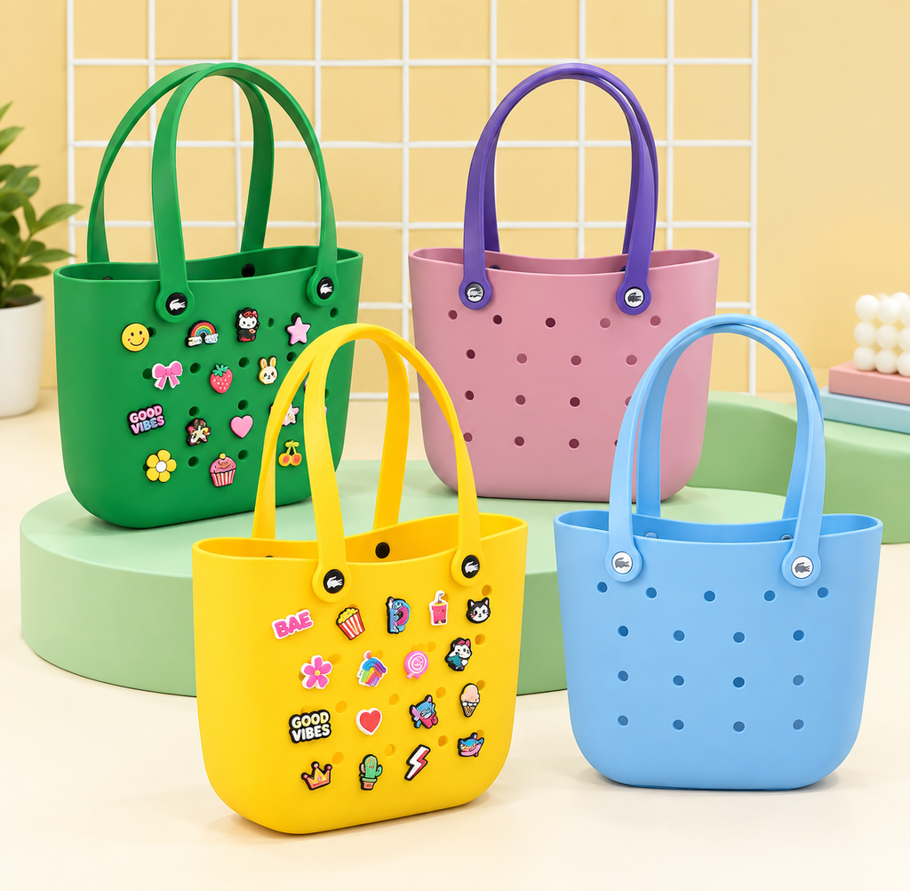 Crocs Style Waterproof EVA Beach Tote Bag with Cute Jibbitz Charms – Lightweight Travel & Vacation Handbag