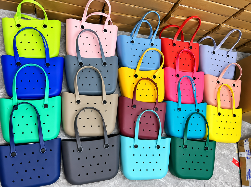 Crocs Style Waterproof EVA Beach Tote Bag with Cute Jibbitz Charms – Lightweight Travel & Vacation Handbag