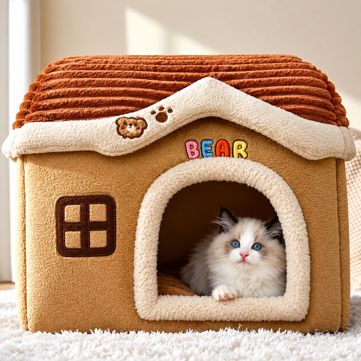 Soft Foldable Indoor Pet House Bed – Warm Washable Cozy Cave for Cats & Small Dogs