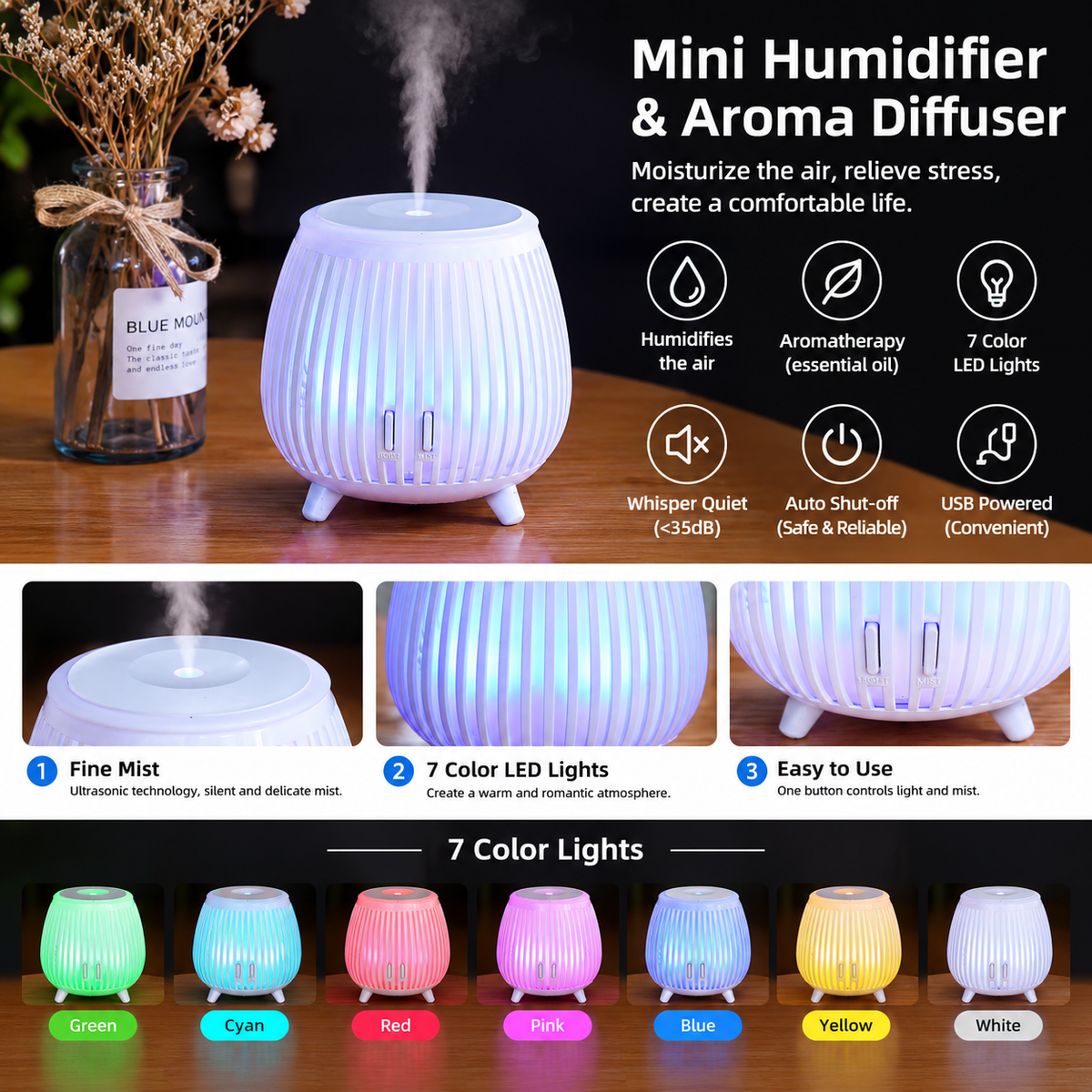 Nordic Wood Grain Aroma Diffuser & Humidifier with 7-Color LED Light – Bird Cage Style Essential Oil Diffuser