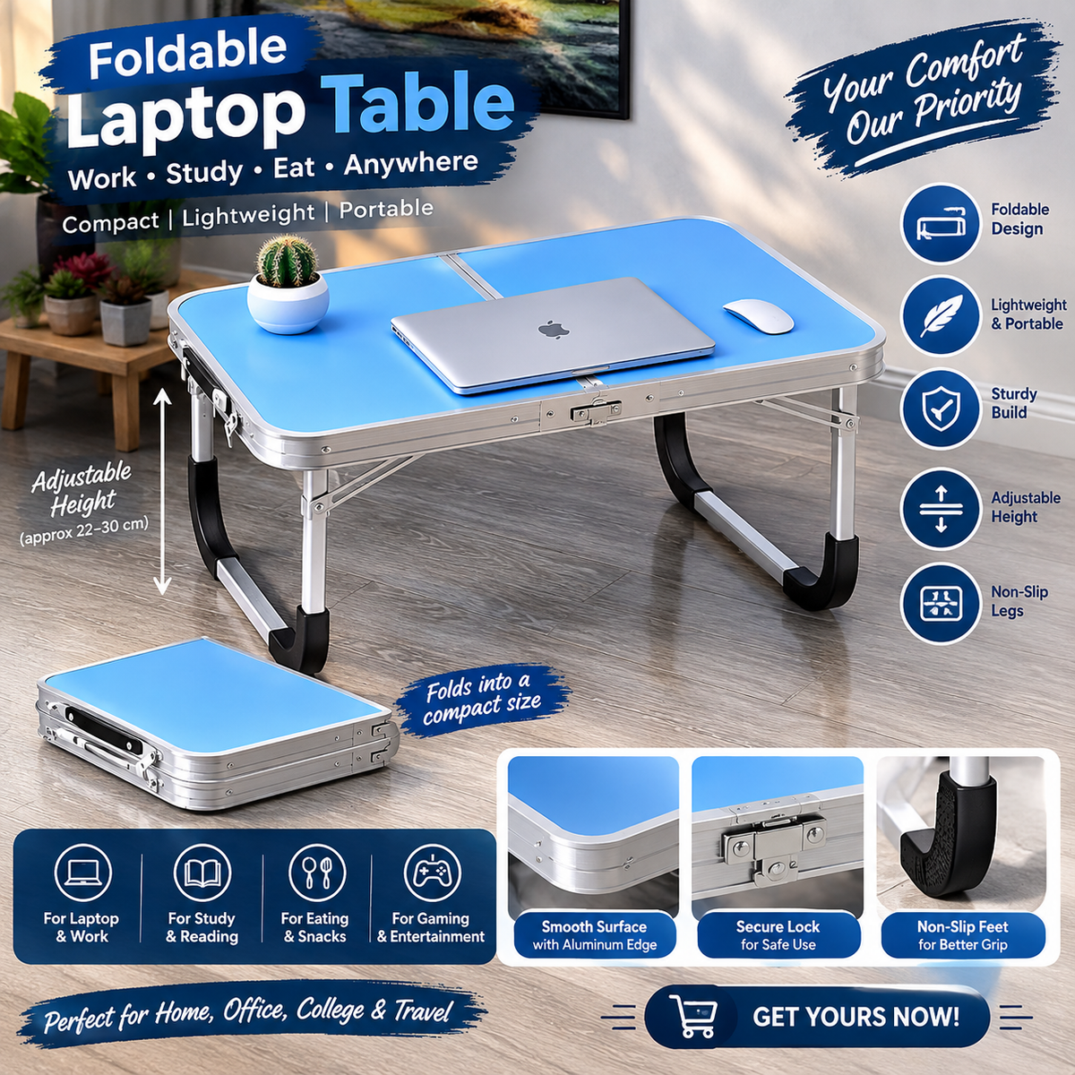 Portable Folding Aluminum Laptop Desk with Cup Holder – Multipurpose Study Table Stand for Bed & Sofa