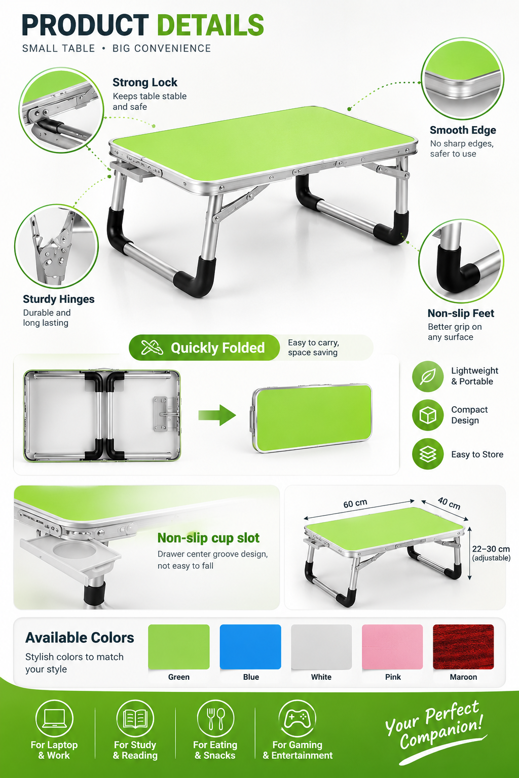 Portable Folding Aluminum Laptop Desk with Cup Holder – Multipurpose Study Table Stand for Bed & Sofa