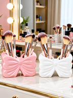 Decorative Bow Multi-Purpose Ceramic Organizer – Dual Slot Toothbrush & Makeup Brush Holder