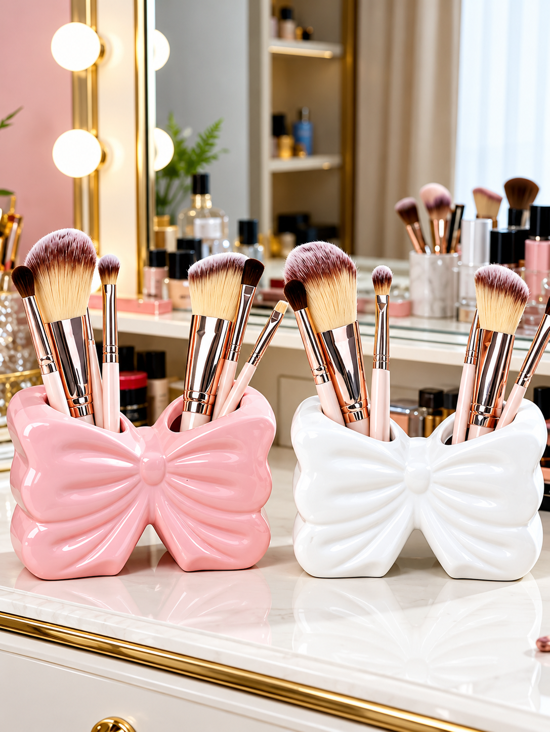 Decorative Bow Multi-Purpose Ceramic Organizer – Dual Slot Toothbrush & Makeup Brush Holder