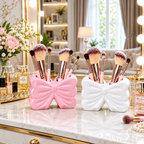 Decorative Bow Multi-Purpose Ceramic Organizer – Dual Slot Toothbrush & Makeup Brush Holder