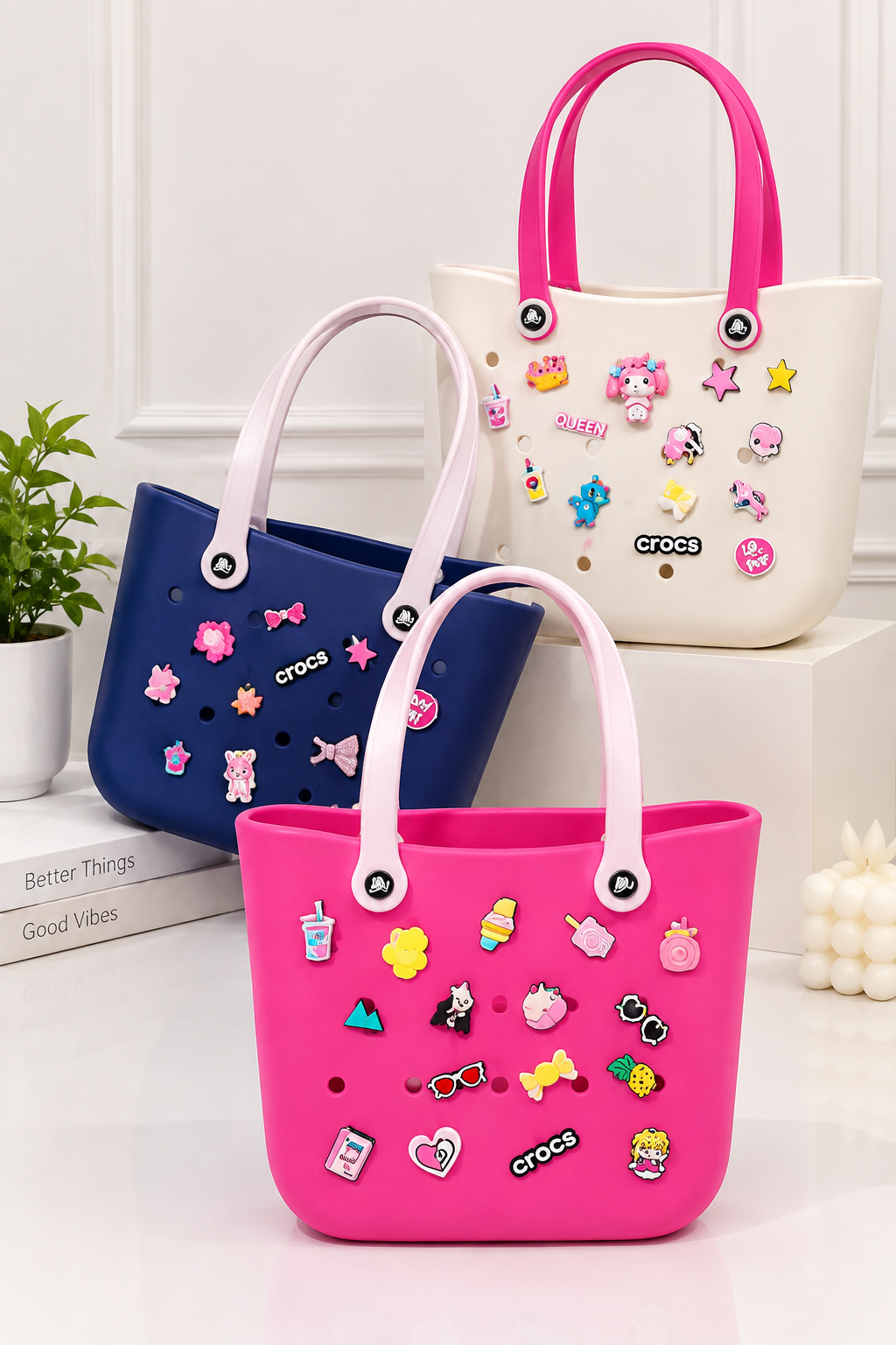 Crocs Style Waterproof EVA Beach Tote Bag with Cute Jibbitz Charms – Lightweight Travel & Vacation Handbag