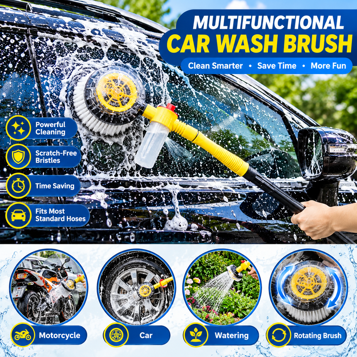 Turbo Shine 360° Water Powered Rotating Car Wash Brush Kit – Automatic Foaming Scratch-Free Cleaner with Soap Dispenser