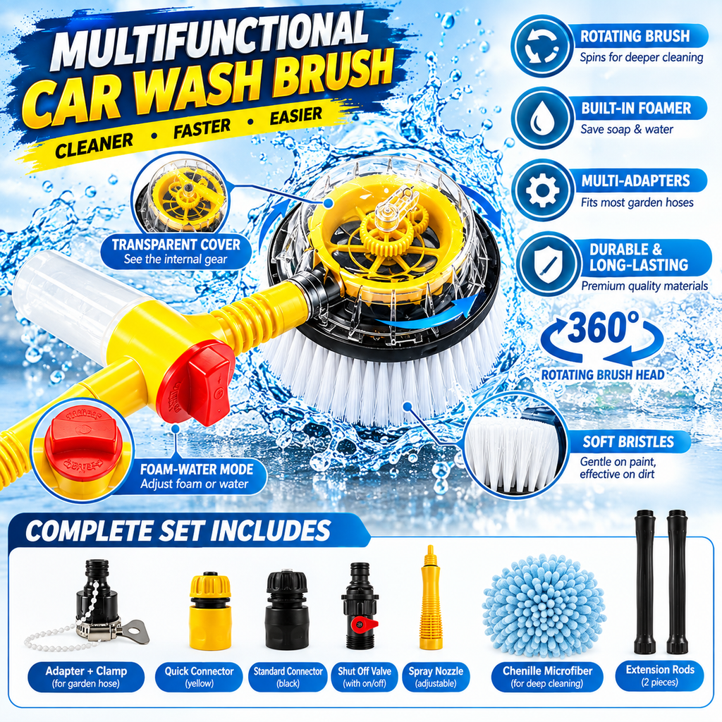 Turbo Shine 360° Water Powered Rotating Car Wash Brush Kit – Automatic Foaming Scratch-Free Cleaner with Soap Dispenser