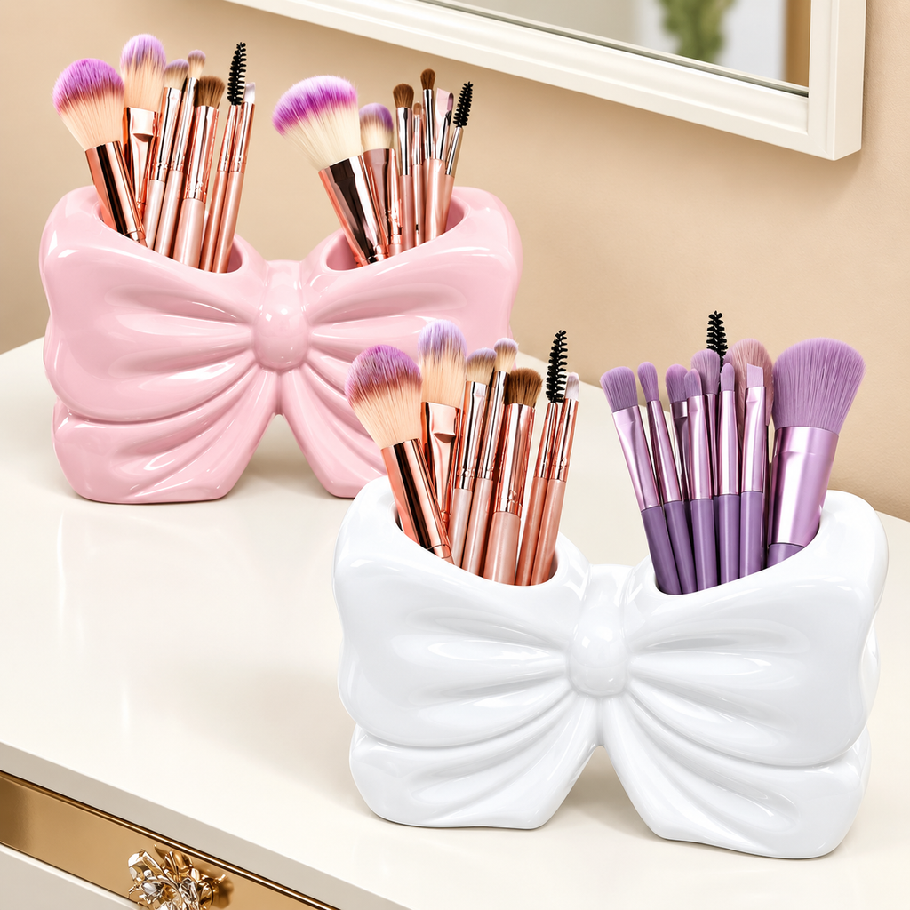 Decorative Bow Multi-Purpose Ceramic Organizer – Dual Slot Toothbrush & Makeup Brush Holder