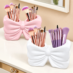 Decorative Bow Multi-Purpose Ceramic Organizer – Dual Slot Toothbrush & Makeup Brush Holder