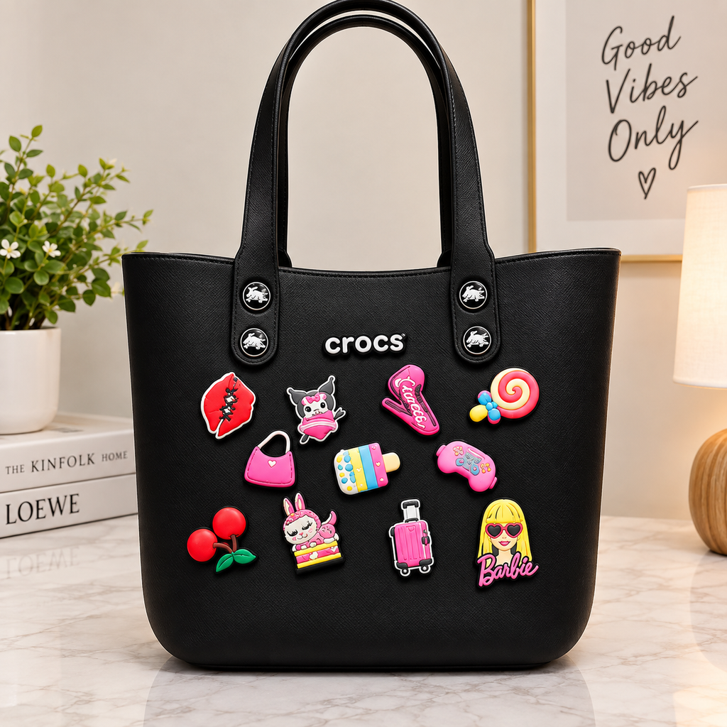 Crocs Style Waterproof EVA Beach Tote Bag with Cute Jibbitz Charms – Lightweight Travel & Vacation Handbag