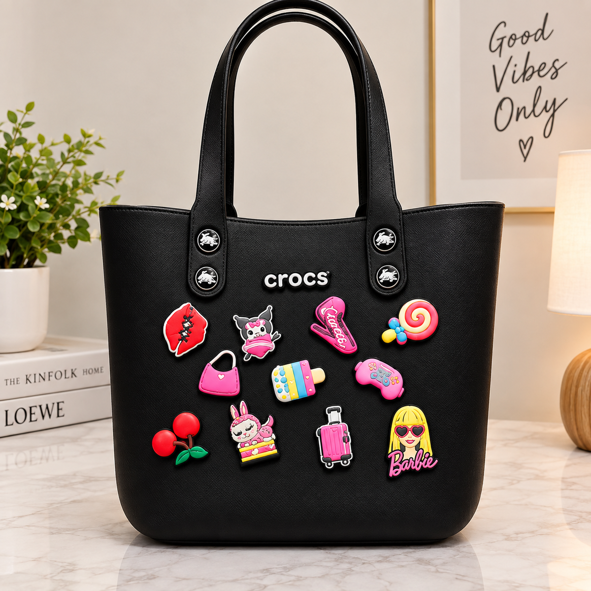 Crocs Style Waterproof EVA Beach Tote Bag with Cute Jibbitz Charms – Lightweight Travel & Vacation Handbag