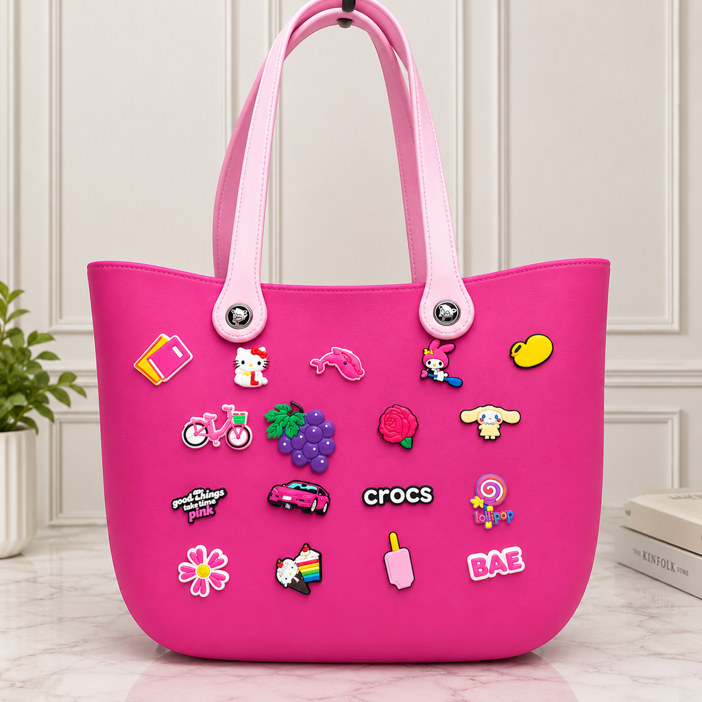 Crocs Style Waterproof EVA Beach Tote Bag with Cute Jibbitz Charms – Lightweight Travel & Vacation Handbag