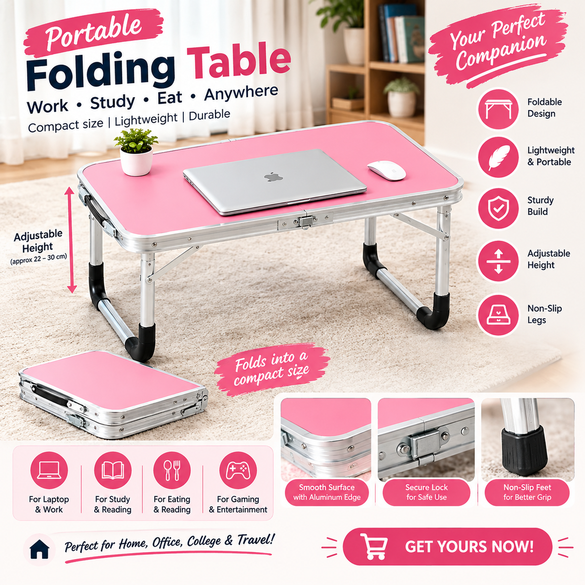 Portable Folding Aluminum Laptop Desk with Cup Holder – Multipurpose Study Table Stand for Bed & Sofa