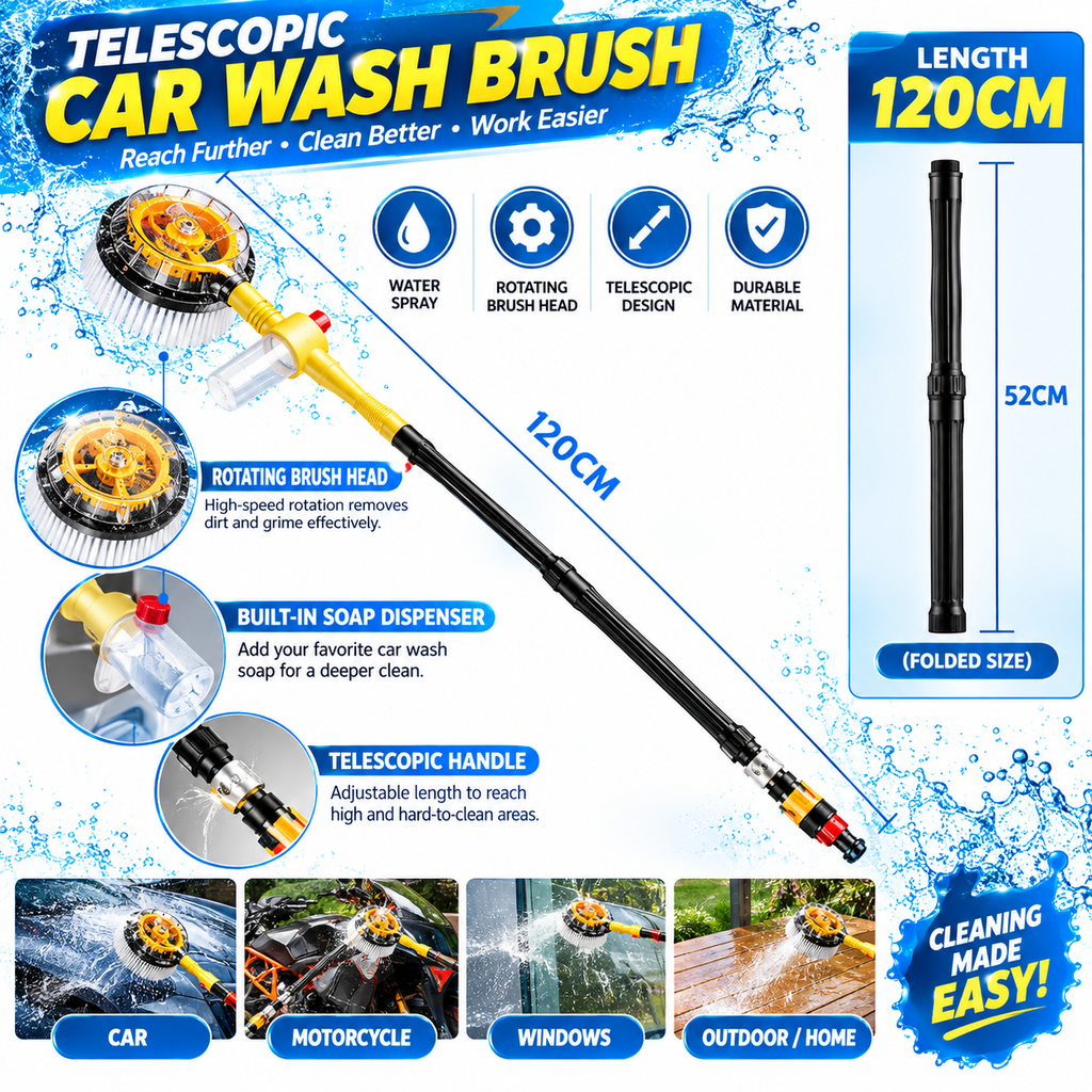 Turbo Shine 360° Water Powered Rotating Car Wash Brush Kit – Automatic Foaming Scratch-Free Cleaner with Soap Dispenser