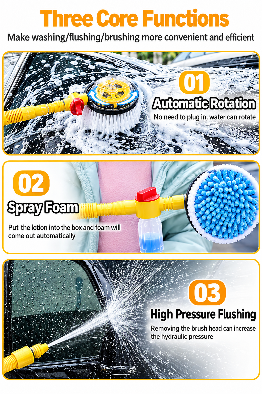 Turbo Shine 360° Water Powered Rotating Car Wash Brush Kit – Automatic Foaming Scratch-Free Cleaner with Soap Dispenser