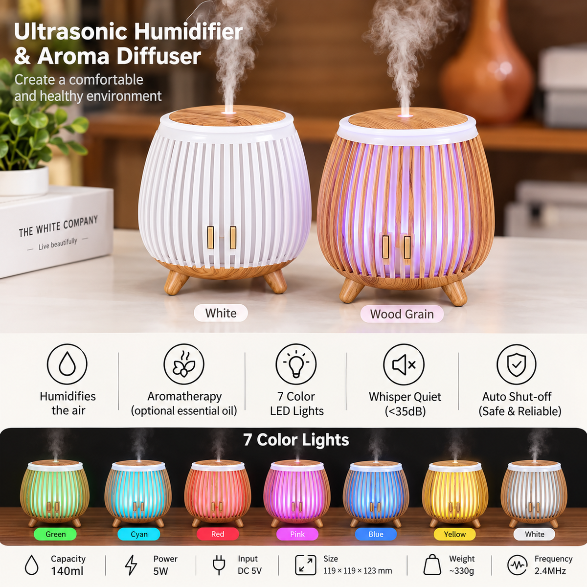 Nordic Wood Grain Aroma Diffuser & Humidifier with 7-Color LED Light – Bird Cage Style Essential Oil Diffuser